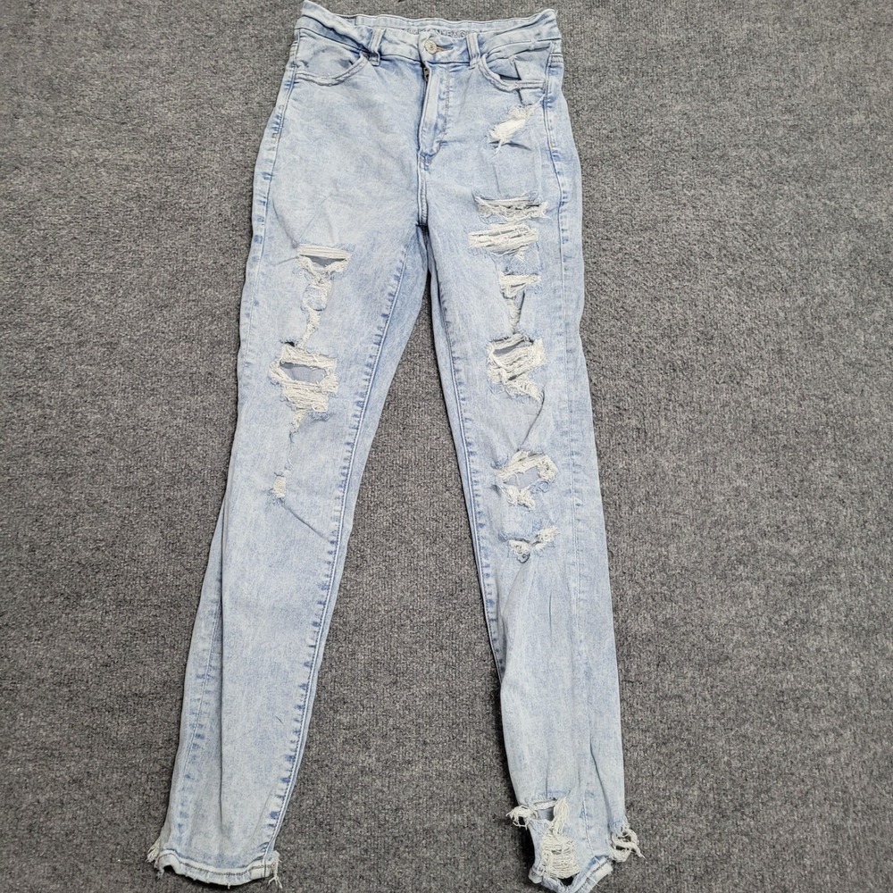 American Eagle Jeans Womens Size 8 Long Light Wash Distressed Skinny High Rise